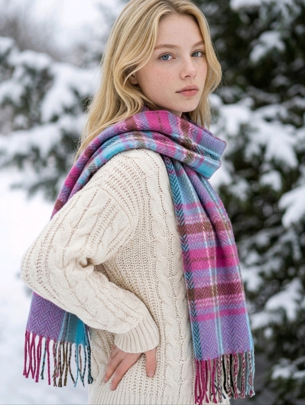 NWT SO Vibrant Pink and Blue Green Plaid Scarf